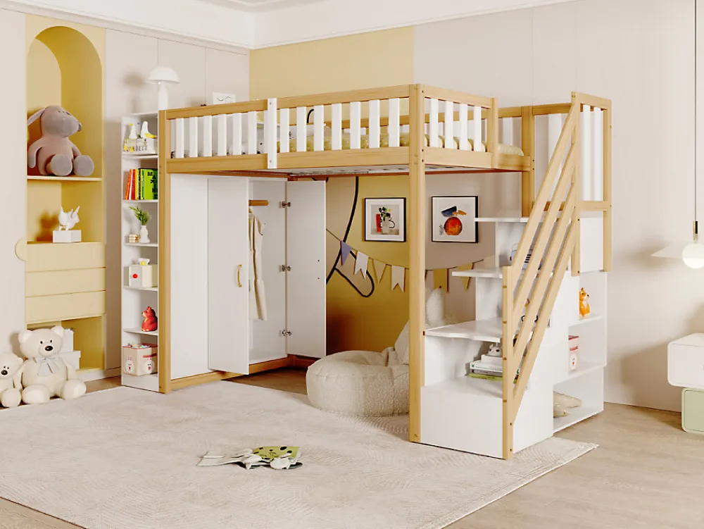 Lit superposé 90x200 cm avec armoire intégrée et échelle à tiroirs en bois massif, blanc et bois naturel>Redom Clearance