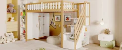Lit superposé 90x200 cm avec armoire intégrée et échelle à tiroirs en bois massif, blanc et bois naturel><noscript><img width=