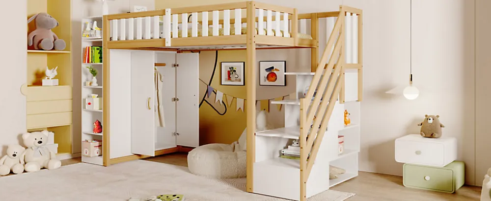 Lit superposé 90x200 cm avec armoire intégrée et échelle à tiroirs en bois massif, blanc et bois naturel>Redom Clearance