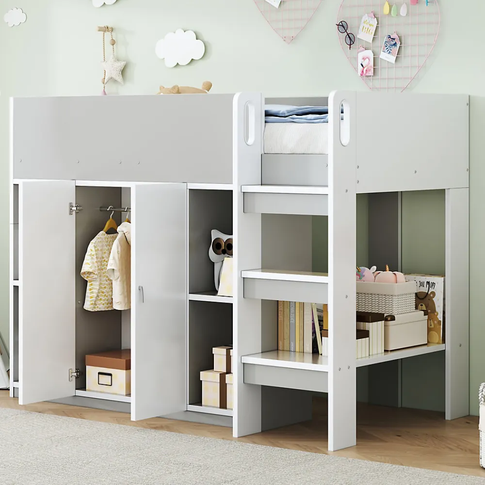 Lit superposé 90x200 cm avec armoire, étagères et échelle intégrée, structure bois massif gris>Redom Online