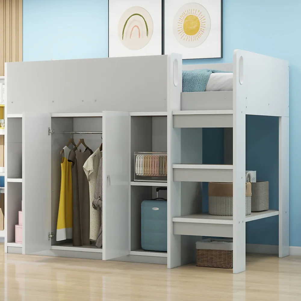 Lit superposé 90x200 cm avec armoire, étagères et échelle intégrée, structure bois massif gris>Redom Online