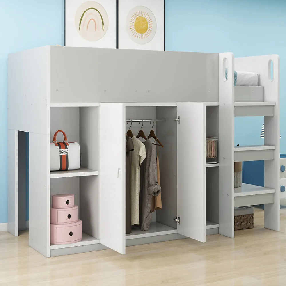 Lit superposé 90x200 cm avec armoire, étagères et échelle intégrée, structure bois massif gris>Redom Online