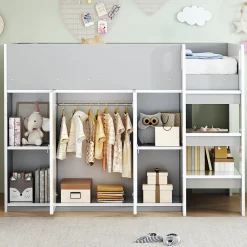 Lit superposé 90x200 cm avec armoire, étagères et échelle intégrée, structure bois massif gris><noscript><img width=