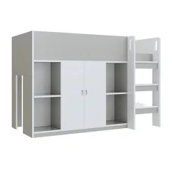 Lit superposé 90x200 cm avec armoire, étagères et échelle intégrée, structure bois massif gris><noscript><img width=