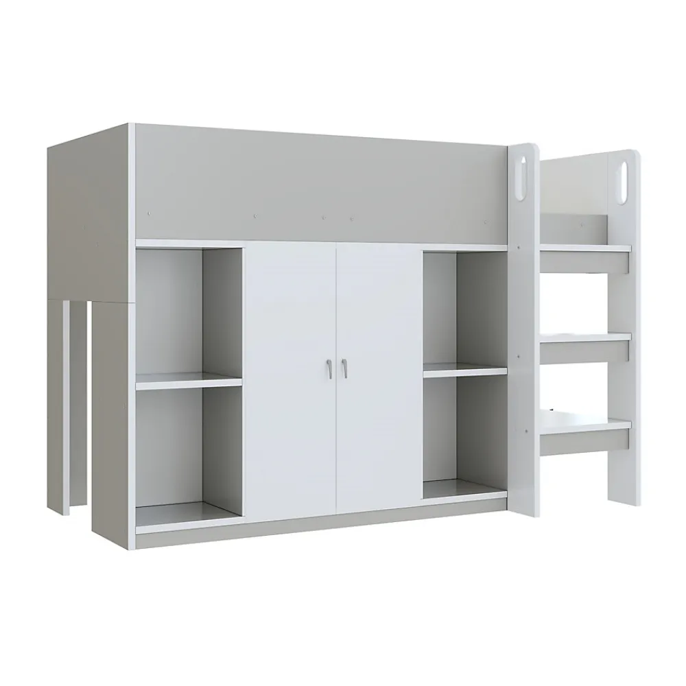 Lit superposé 90x200 cm avec armoire, étagères et échelle intégrée, structure bois massif gris>Redom Online