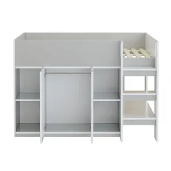 Lit superposé 90x200 cm avec armoire, étagères et échelle intégrée, structure bois massif gris><noscript><img width=