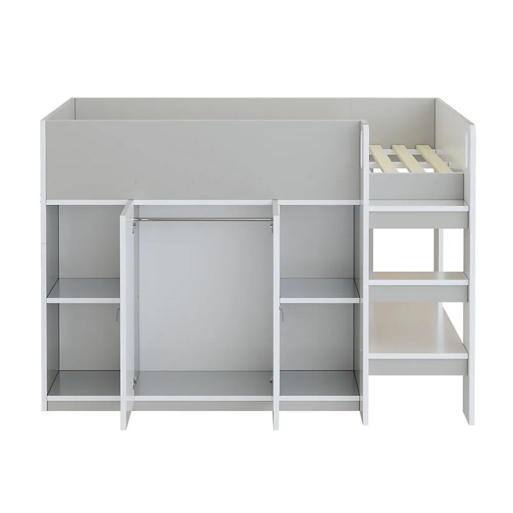 Lit superposé 90x200 cm avec armoire, étagères et échelle intégrée, structure bois massif gris>Redom Online