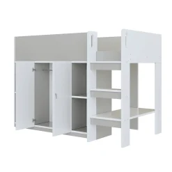 Lit superposé 90x200 cm avec armoire, étagères et échelle intégrée, structure bois massif gris><noscript><img width=