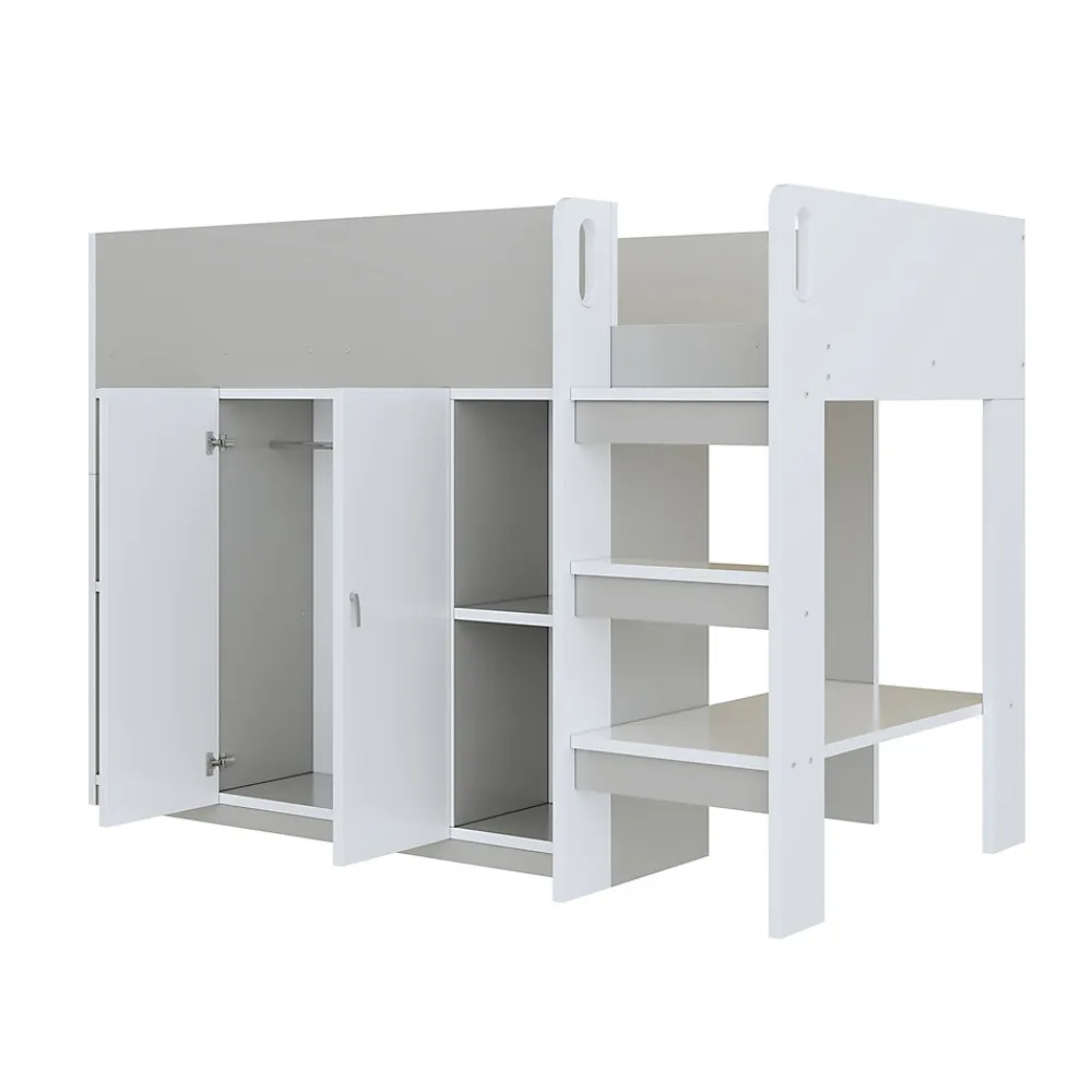 Lit superposé 90x200 cm avec armoire, étagères et échelle intégrée, structure bois massif gris>Redom Online
