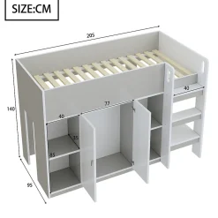 Lit superposé 90x200 cm avec armoire, étagères et échelle intégrée, structure bois massif gris><noscript><img width=