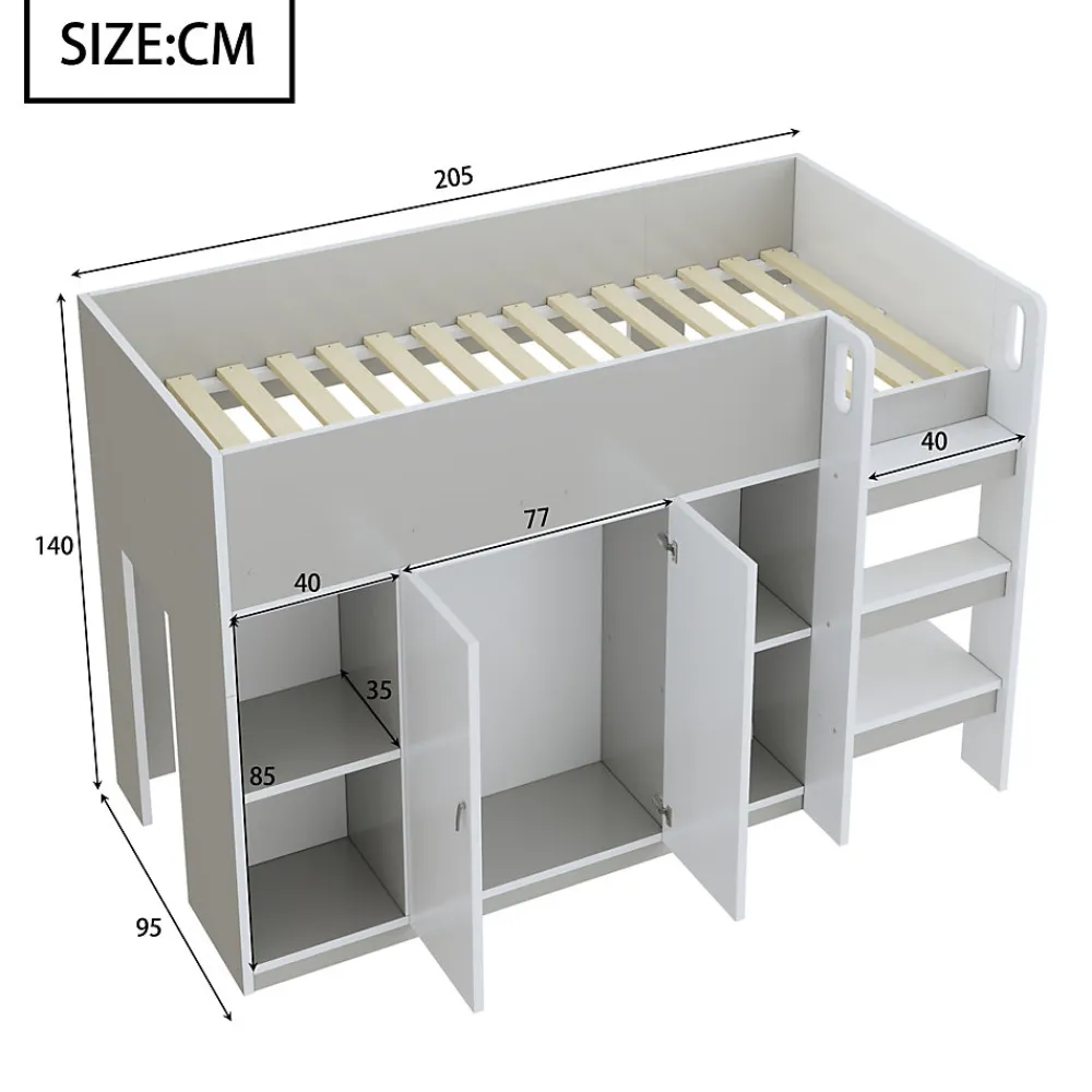 Lit superposé 90x200 cm avec armoire, étagères et échelle intégrée, structure bois massif gris>Redom Online