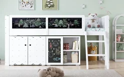 Redom Lit superposé 90x200 cm avec armoire 2 portes, tableau à craie et échelle inclinée en pin/MDF*Enfant Lit Enfant
