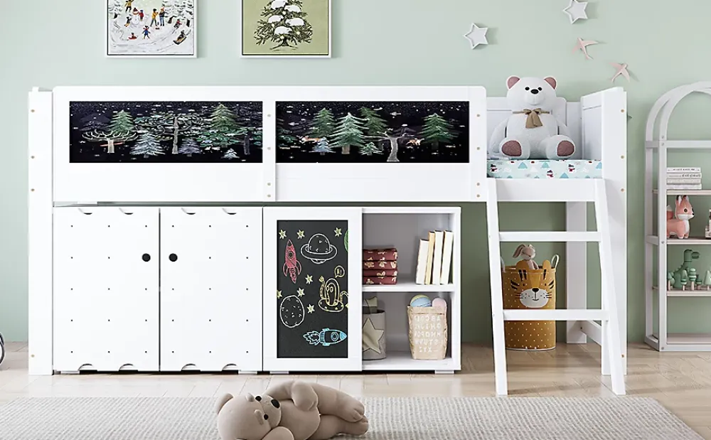 Redom Lit superposé 90x200 cm avec armoire 2 portes, tableau à craie et échelle inclinée en pin/MDF*Enfant Lit Enfant