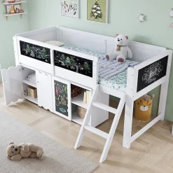 Redom Lit superposé 90x200 cm avec armoire 2 portes, tableau à craie et échelle inclinée en pin/MDF*Enfant Lit Enfant