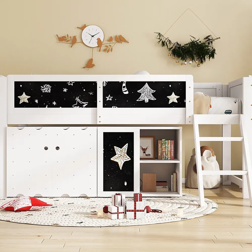 Redom Lit superposé 90x200 cm avec armoire 2 portes, tableau à craie et échelle inclinée en pin/MDF*Enfant Lit Enfant