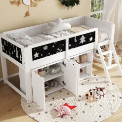 Redom Lit superposé 90x200 cm avec armoire 2 portes, tableau à craie et échelle inclinée en pin/MDF*Enfant Lit Enfant