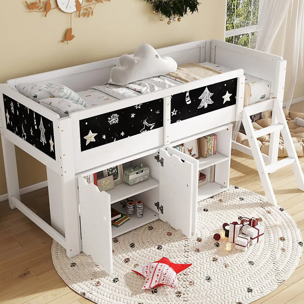 Redom Lit superposé 90x200 cm avec armoire 2 portes, tableau à craie et échelle inclinée en pin/MDF*Enfant Lit Enfant