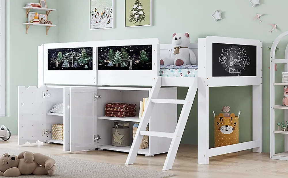 Redom Lit superposé 90x200 cm avec armoire 2 portes, tableau à craie et échelle inclinée en pin/MDF*Enfant Lit Enfant