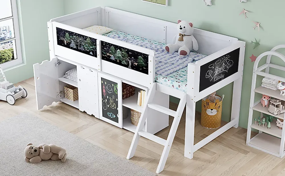 Redom Lit superposé 90x200 cm avec armoire 2 portes, tableau à craie et échelle inclinée en pin/MDF*Enfant Lit Enfant