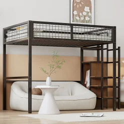 Lit superposé 140x200 cm avec armoire intégrée et échelle sécurisée, structure métal noir>Redom New