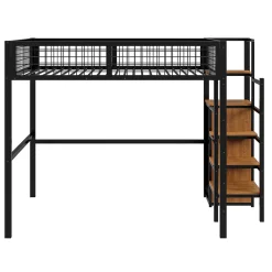 Lit superposé 140x200 cm avec armoire intégrée et échelle sécurisée, structure métal noir><noscript><img width=