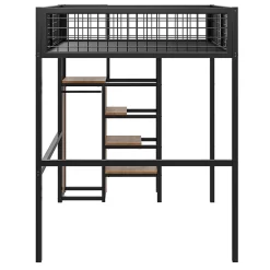 Lit superposé 140x200 cm avec armoire intégrée et échelle sécurisée, structure métal noir><noscript><img width=