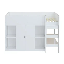 Redom Lit superposé 90x200 cm avec armoire et étagères intégrées, échelle incluse, structure en bois massif blanc et gris*Enfant Lit Enfant