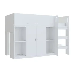 Redom Lit superposé 90x200 cm avec armoire et étagères intégrées, échelle incluse, structure en bois massif blanc et gris*Enfant Lit Enfant