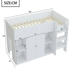 Redom Lit superposé 90x200 cm avec armoire et étagères intégrées, échelle incluse, structure en bois massif blanc et gris*Enfant Lit Enfant