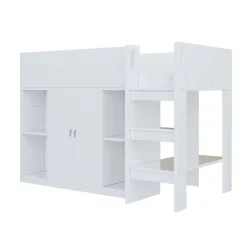 Redom Lit superposé 90x200 cm avec armoire et étagères intégrées, échelle incluse, structure en bois massif blanc et gris*Enfant Lit Enfant