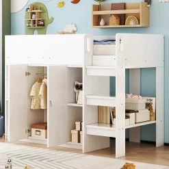 Redom Lit superposé 90x200 cm avec armoire et étagères intégrées, échelle incluse, structure en bois massif blanc et gris*Enfant Lit Enfant