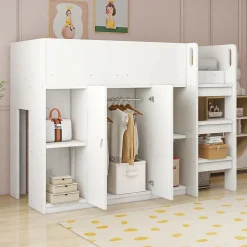 Redom Lit superposé 90x200 cm avec armoire et étagères intégrées, échelle incluse, structure en bois massif blanc et gris*Enfant Lit Enfant