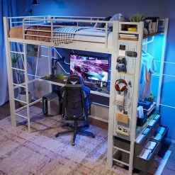 Redom Lit superposé 90x200 cm avec bureau intégré, 4 tiroirs, étagères et LED multicolore, structure métal blanc*Enfant Lit Enfant