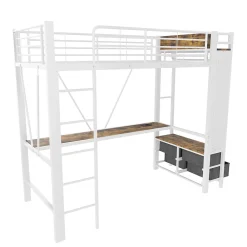 Redom Lit superposé 90x200 cm avec bureau intégré, 4 tiroirs, étagères et LED multicolore, structure métal blanc*Enfant Lit Enfant