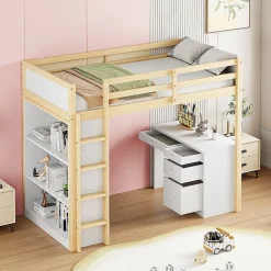 Redom Lit superposé 90x200 cm avec bureau modulable et armoire de rangement en bois naturel*Enfant Lit Enfant