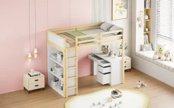 Redom Lit superposé 90x200 cm avec bureau modulable et armoire de rangement en bois naturel*Enfant Lit Enfant