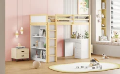 Redom Lit superposé 90x200 cm avec bureau modulable et armoire de rangement en bois naturel*Enfant Lit Enfant