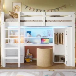 Lit superposé 90x200 cm avec bureau intégré et armoire intégrée en pin massif blanc>Redom Best