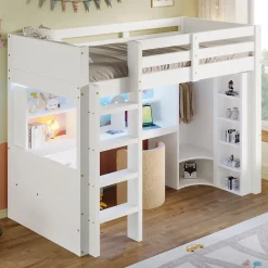 Lit superposé 90x200 cm avec bureau intégré et armoire intégrée en pin massif blanc>Redom Best