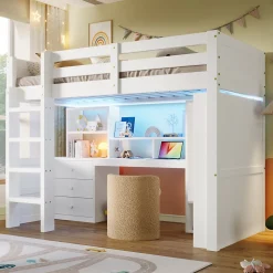 Lit superposé 90x200 cm avec bureau intégré et armoire intégrée en pin massif blanc><noscript><img width=