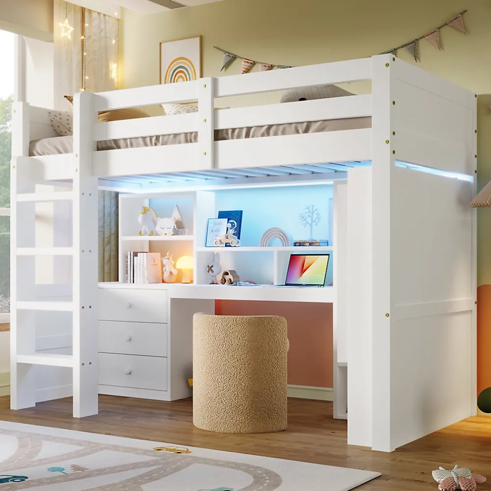 Lit superposé 90x200 cm avec bureau intégré et armoire intégrée en pin massif blanc>Redom Best