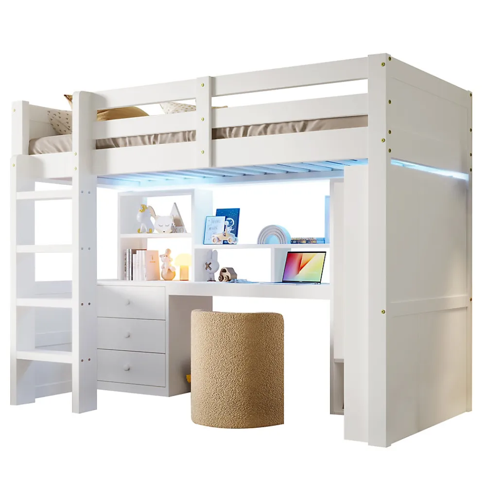 Lit superposé 90x200 cm avec bureau intégré et armoire intégrée en pin massif blanc>Redom Best