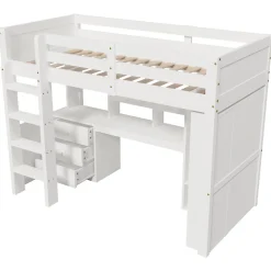Lit superposé 90x200 cm avec bureau intégré et armoire intégrée en pin massif blanc><noscript><img width=
