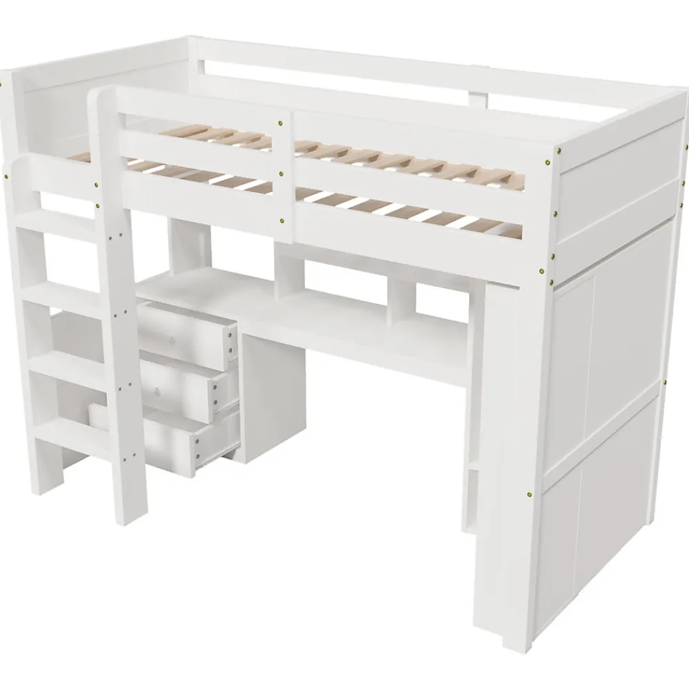 Lit superposé 90x200 cm avec bureau intégré et armoire intégrée en pin massif blanc>Redom Best