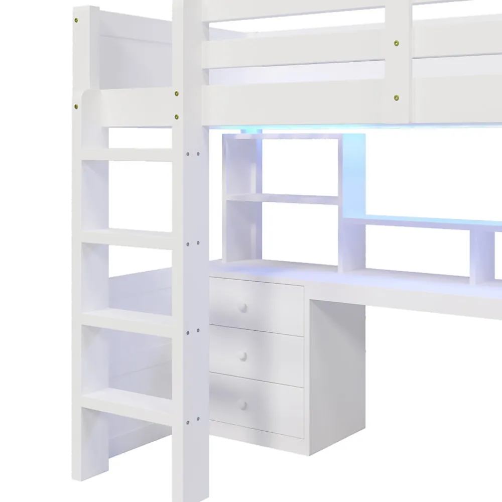 Lit superposé 90x200 cm avec bureau intégré et armoire intégrée en pin massif blanc>Redom Best