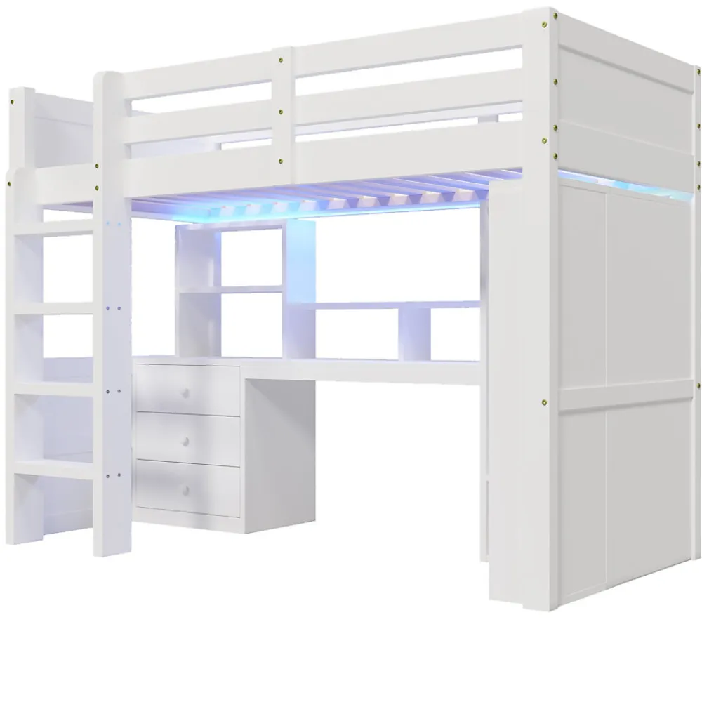 Lit superposé 90x200 cm avec bureau intégré et armoire intégrée en pin massif blanc>Redom Best