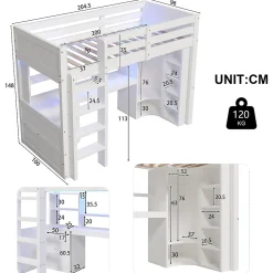 Lit superposé 90x200 cm avec bureau intégré et armoire intégrée en pin massif blanc><noscript><img width=