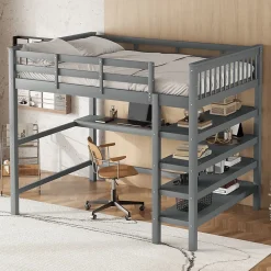Redom Lit superposé 140x200 cm avec bureau intégré et étagères en pin massif et MDF, finition grise, gain de place*Enfant Lit Enfant