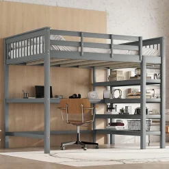 Redom Lit superposé 140x200 cm avec bureau intégré et étagères en pin massif et MDF, finition grise, gain de place*Enfant Lit Enfant