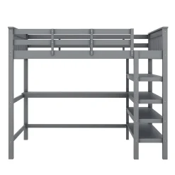 Redom Lit superposé 140x200 cm avec bureau intégré et étagères en pin massif et MDF, finition grise, gain de place*Enfant Lit Enfant